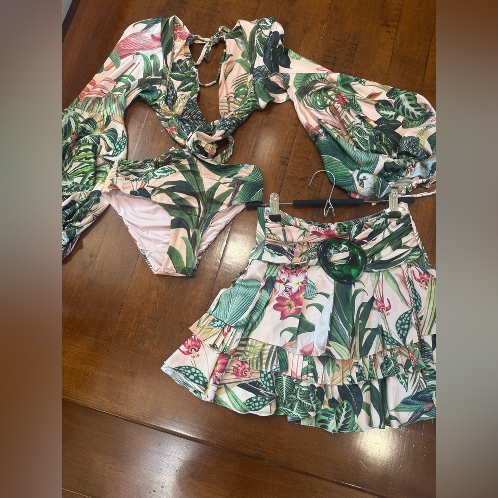 PatBO Pink and Green Tropical One-Piece with Matching Belted Skirt